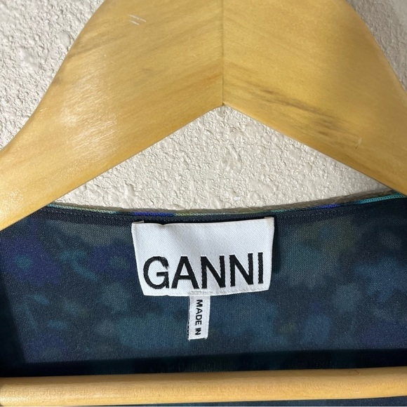 GANNI Floral Print Stretch Mesh Long Sleeve Maxi Wrap Dress - Picture 9 of 13